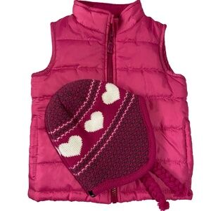 Osh Kosh Girls Pink Sz 3T Puffy Vest & Kombi Pink Heart Fleece Lined Hat.